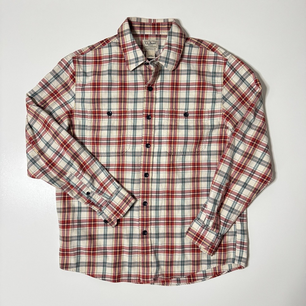 L.L.‎ Bean Traditional Fit Plaid Flannel Shirt Size S Red Green Cream Cotton